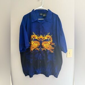 TD By Priority Male Fire Dragon Button Up Shirt Men’s SZ XL Short Sleeve Blue